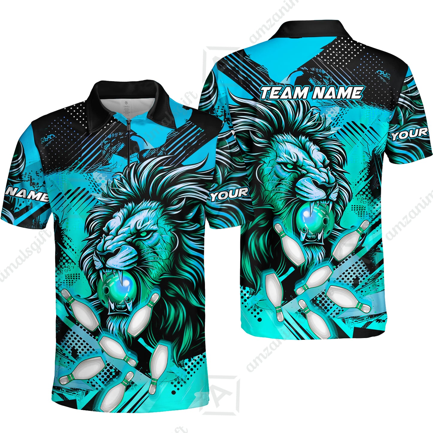 Custom Bowling Team Jerseys Shirts, Bowling uniforms Ball & Pins Lion Pattern Personalized Name And Team Name