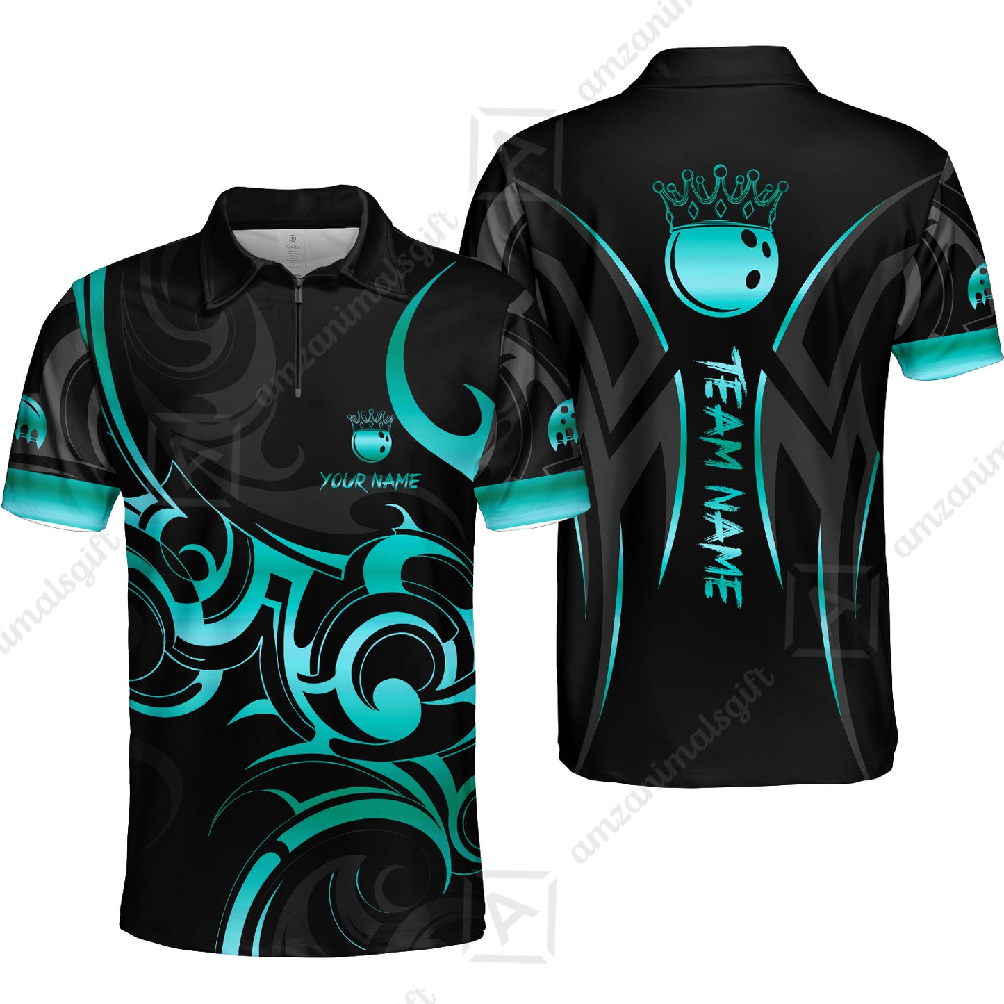 Customized Bowling Team Quarter-Zip Polo Shirt, Bowling Swirling Fire Flames Gold And Black Style Zip Polo Shirt