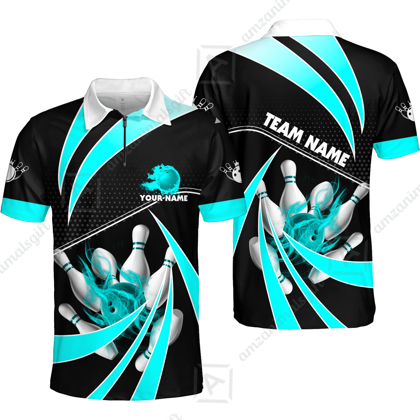Customized Bowling Quarter-Zip Polo Shirt, Bowling Ball & Pins Fire Light Sport Zip Polo Shirt Multicolor Option For Bowlers
