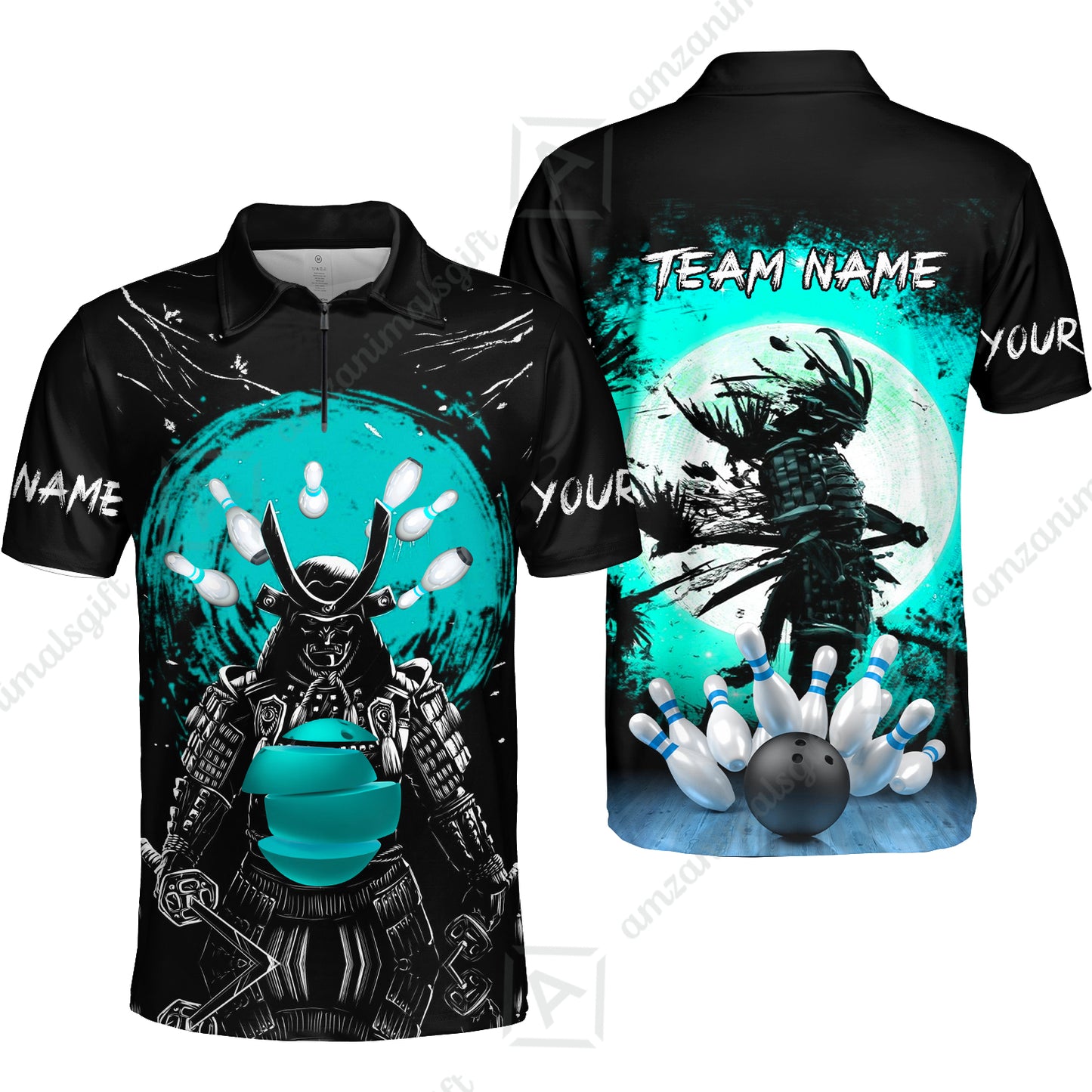 Custom Bowling Team Jerseys Polo Shirts, Bowling uniforms Ball And Pins Samurai Multicolor Options Personalized Name And Team Name