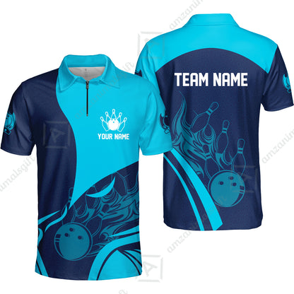 Customized Bowling Quarter-Zip Polo Shirt, Flame Bowling Multicolor Custom Team Uniform Zip Polo, Jersey for Bowlers