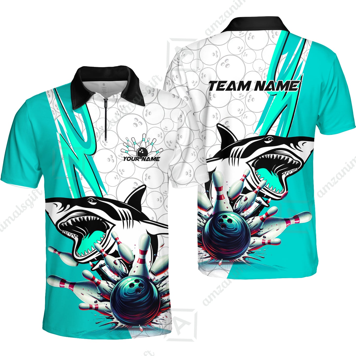 Custom Shark Bowling Team Jersey,  Shark Bowling Jersey Multicolor Polo Quarter-Zip Shirts, Bowling Uniforms Jerseys, Custom Name And Team Name