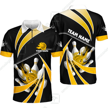 Customized Bowling Quarter-Zip Polo Shirt, Bowling Ball & Pins Fire Light Sport Zip Polo Shirt Multicolor Option For Bowlers