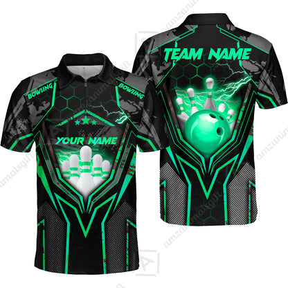 Customized Bowling Jersey, Bowling And Pins Abstract Grunge Texture X Multicolor Option Customized Name And Team Name Zipper Polo Jerseys Shirts