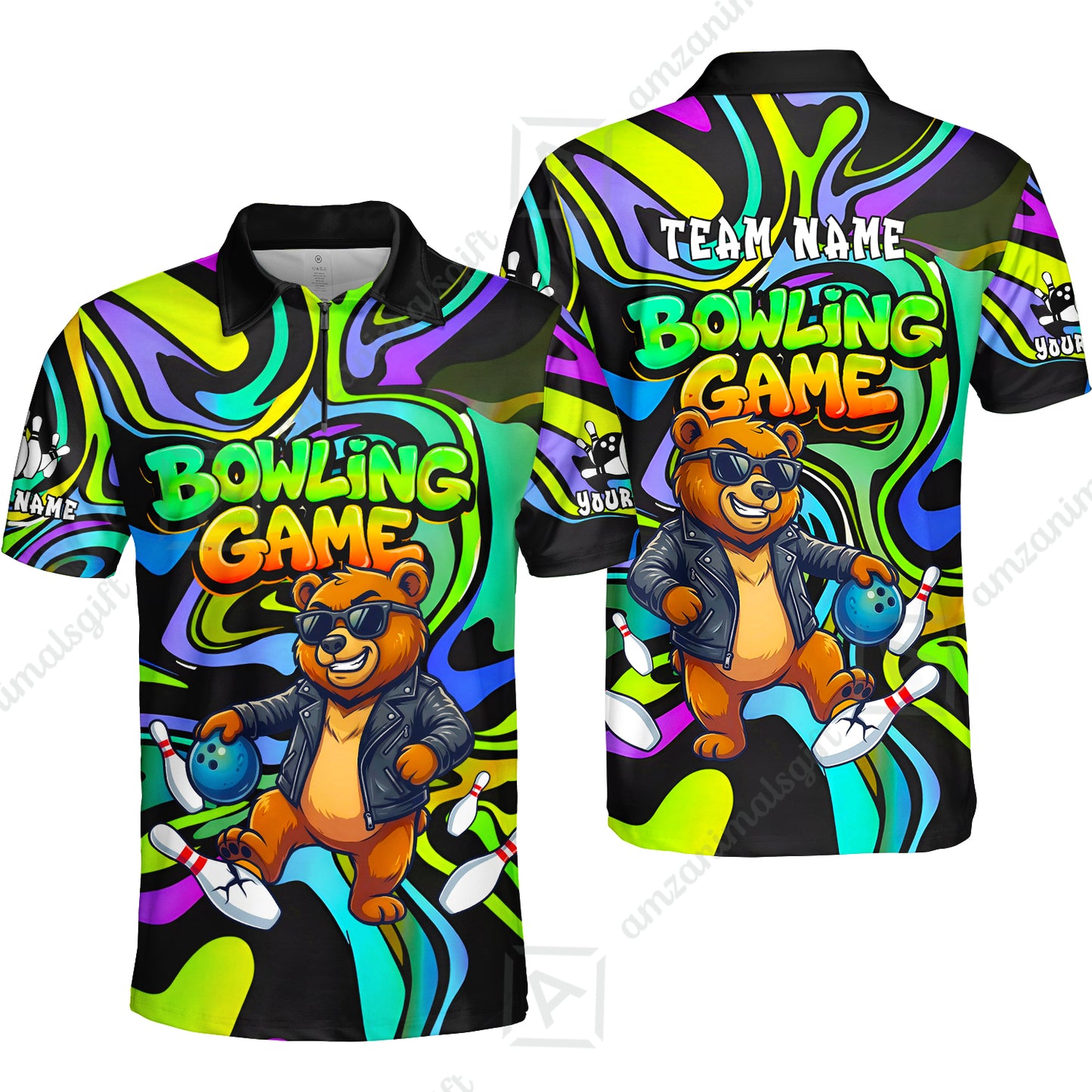 Custom Bowling Jersey Polo Shirt, Trippy Swirl Rocker Bear Graffiti Style, Custom Bowling Jersey Team Shirt For Players With Name & Team Name