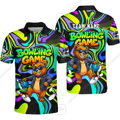 Custom Bowling Jersey Polo Shirt, Trippy Swirl Rocker Bear Graffiti Style, Custom Bowling Jersey Team Shirt For Players With Name & Team Name