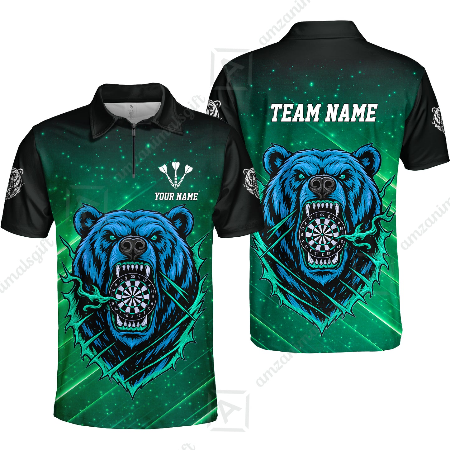 Customized Darts Team Uniform Shirt, Personalized Furious Bear Darts Collar Quarter-Zip Shirt with Name & Team Name