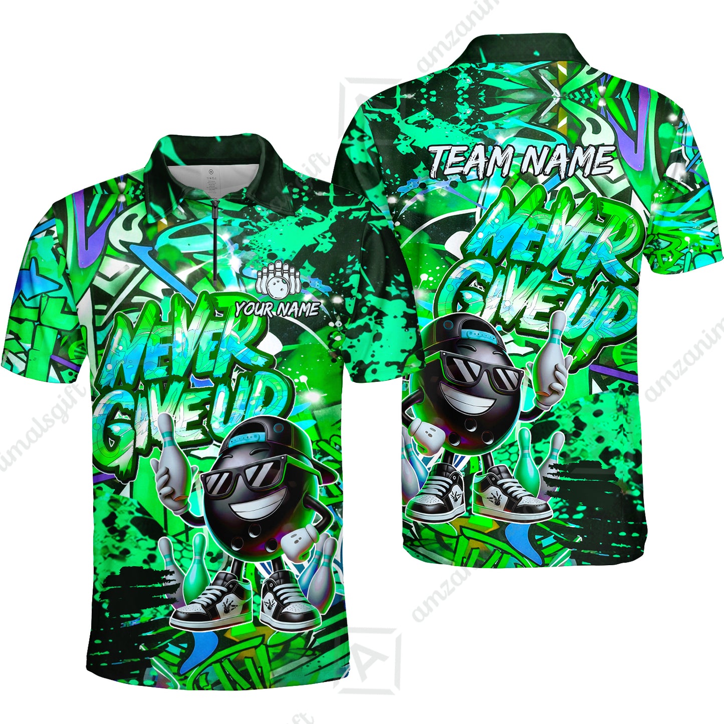 Customized Bowling Unisex Polo Shirt, Graffiti Bowling Funny Never Give Up Bowling Uniform, Personalized Name And Team Name