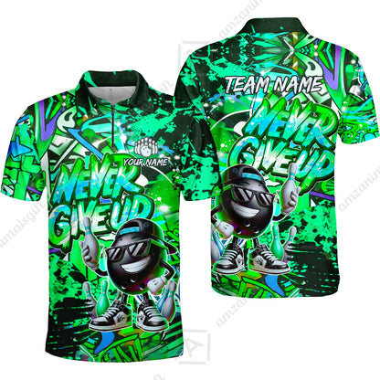 Customized Bowling Unisex Polo Shirt, Graffiti Bowling Funny Never Give Up Bowling Uniform, Personalized Name And Team Name