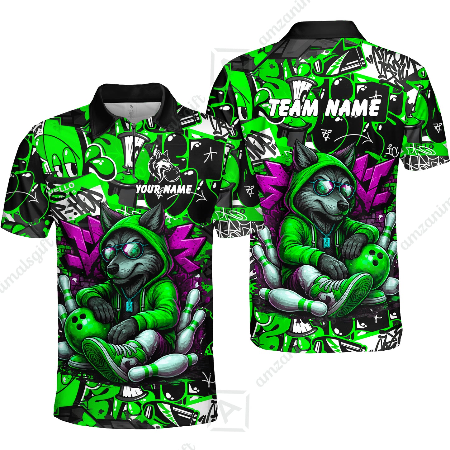 Custom Bowling Jersey Polo Shirt, Badass Wolf Mascot Bowling, Custom Bowling Jersey Team Shirt For Players With Name & Team Name