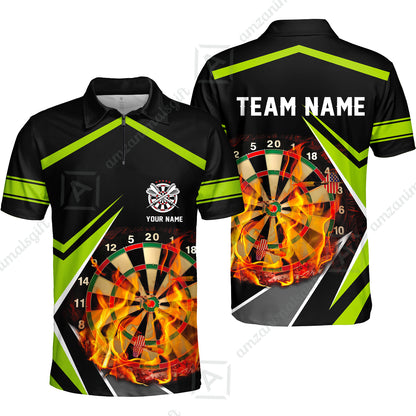Customized Darts Team Quarter-Zip Polo Shirt, Dartboard In Flame Polo Shirt Personalized Name And Team Name For Darts League