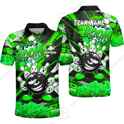 Customized Bowling Unisex Polo Shirt, Boom Bowling Angry Ball Screaming Pins, Personalized Name And Team Name For Bowlers