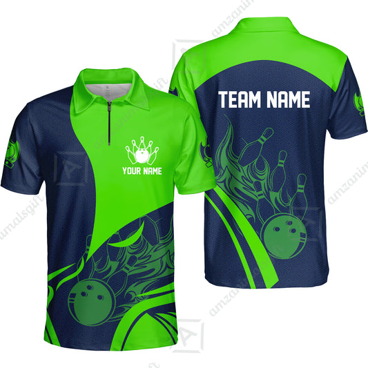 Customized Bowling Quarter-Zip Polo Shirt, Flame Bowling Multicolor Custom Team Uniform Zip Polo, Jersey for Bowlers