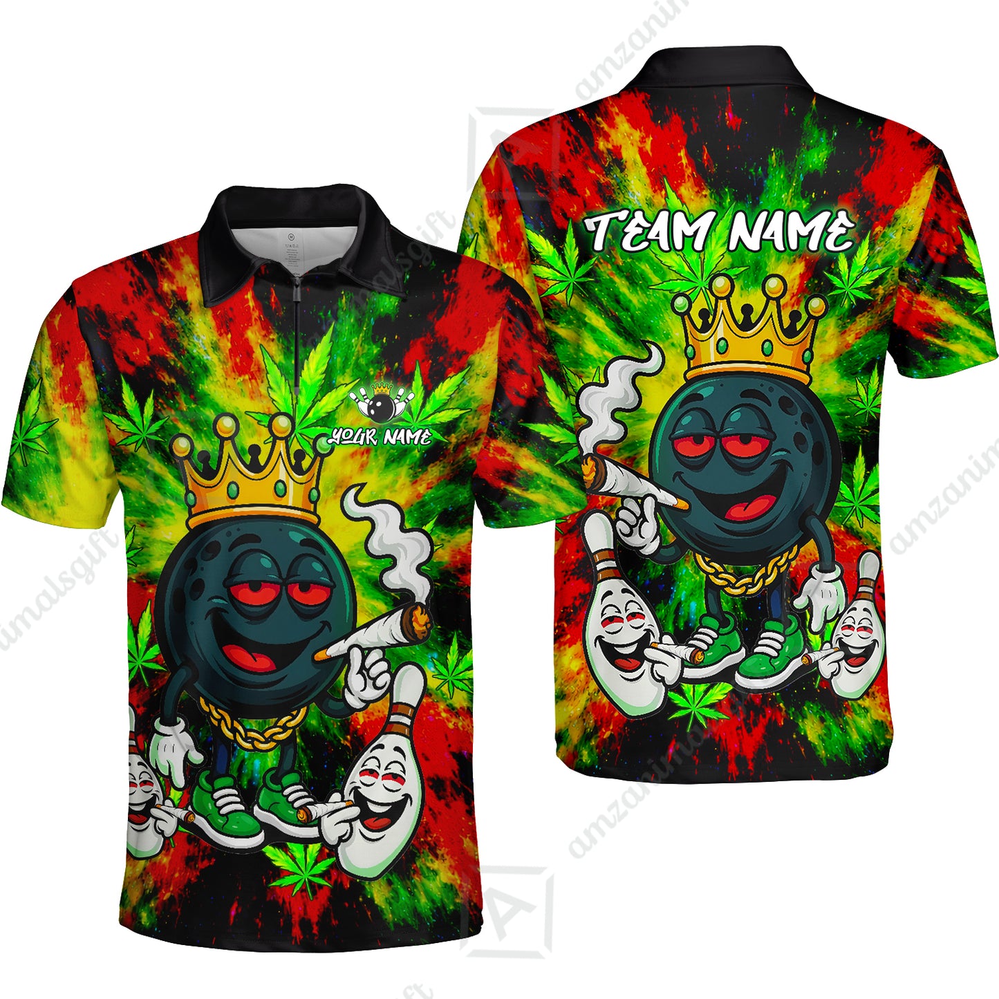 Custom Bowling Team Flat Neck Zip Jersey Shirt, King Smoke Tie-Dye Personalized Team Shirt, Custom Name and Team Name for Bowlers