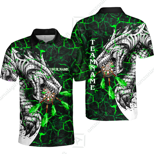 Customized Darts Team Quarter-Zip Polo Shirt, Darts And Dragon With Magma Personalized Zipper Polo Shirt For Darts Players