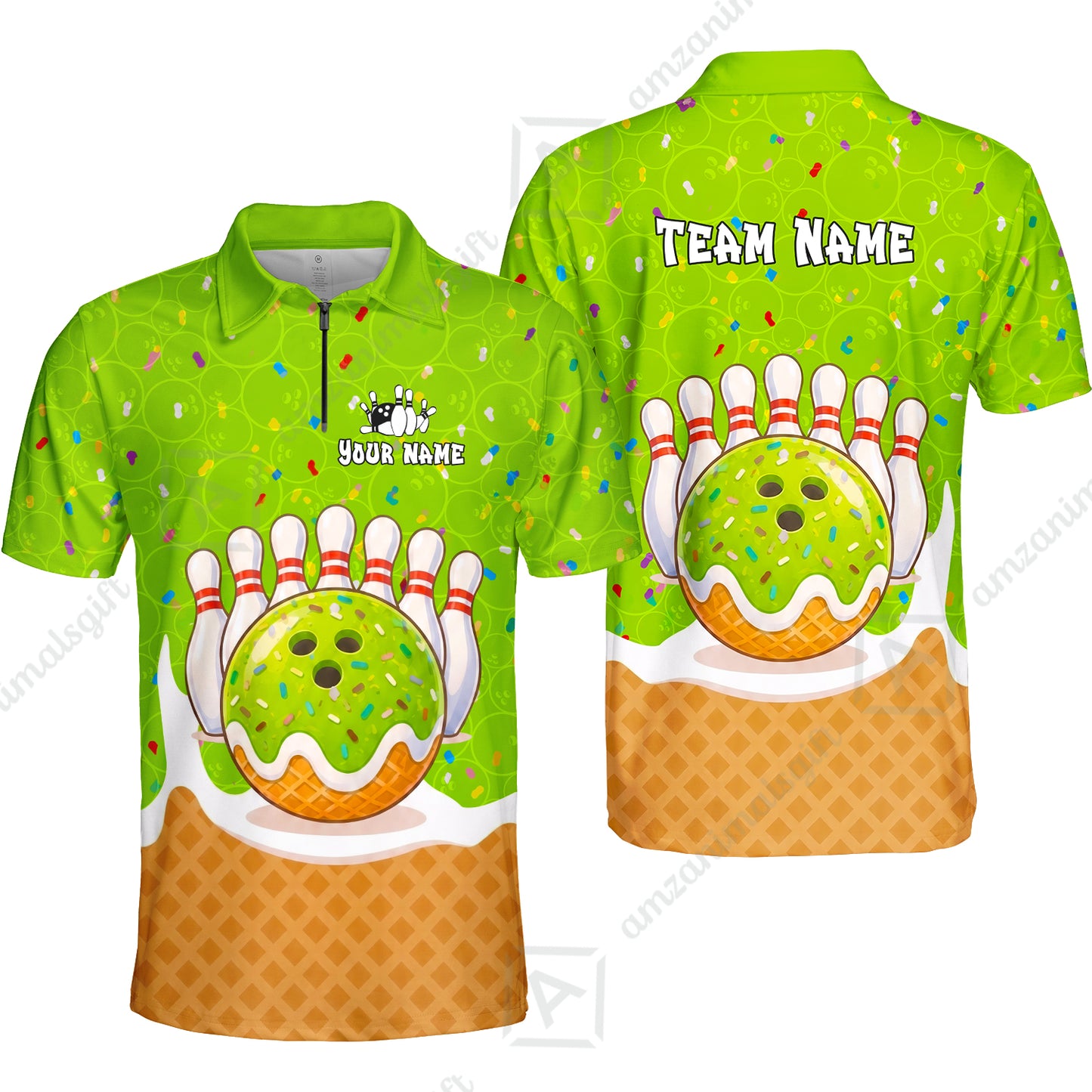 Custom Bowling Jersey Polo Shirt, Bowling Sprinkles Ice Cream Cone, Personalized Name & Team Name