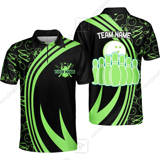 Custom Blue Green Neon Bowling Team Quarter-Zip Polo Shirt, Bowling Uniforms Shirt For Team League Bowlers With Name And Team Name