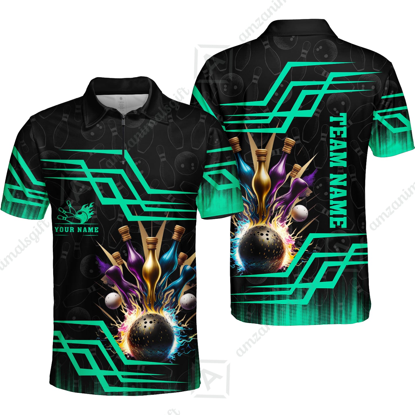Customized Bowling Unisex Polo, Bowling And Pins Royal Multicolor Option Customized Name And Team Name For Bowling Team