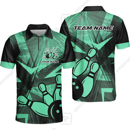 Customized Bowling Quarter-Zip Polo Shirt, Bowling Ball And Pins Esports Pattern Zip Polo Shirt Uniform For Bowlers