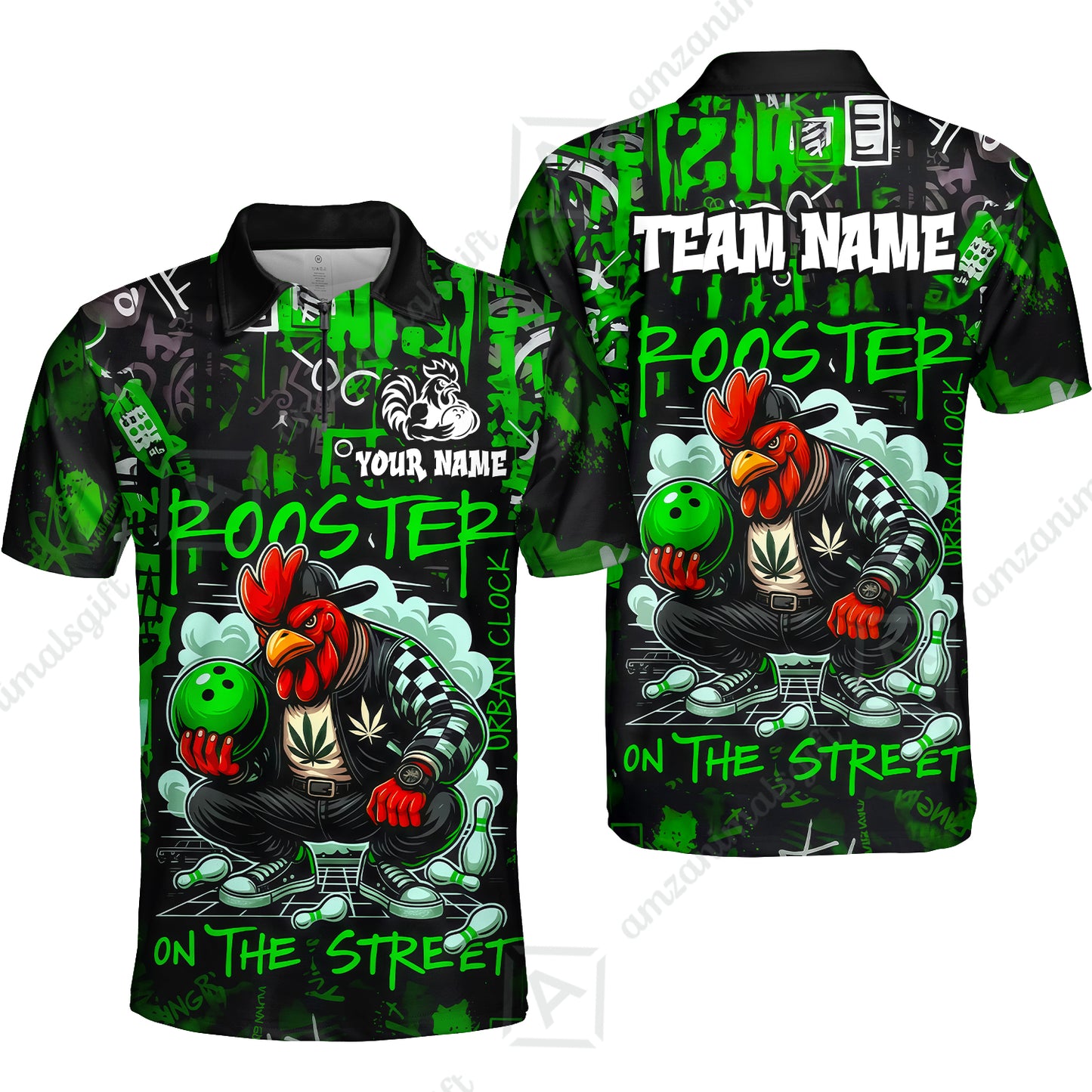 Customized Bowling Unisex Polo Shirt, Urban Streetwear Chicken Bowling Rooster On The Street, Personalized Name Team Name