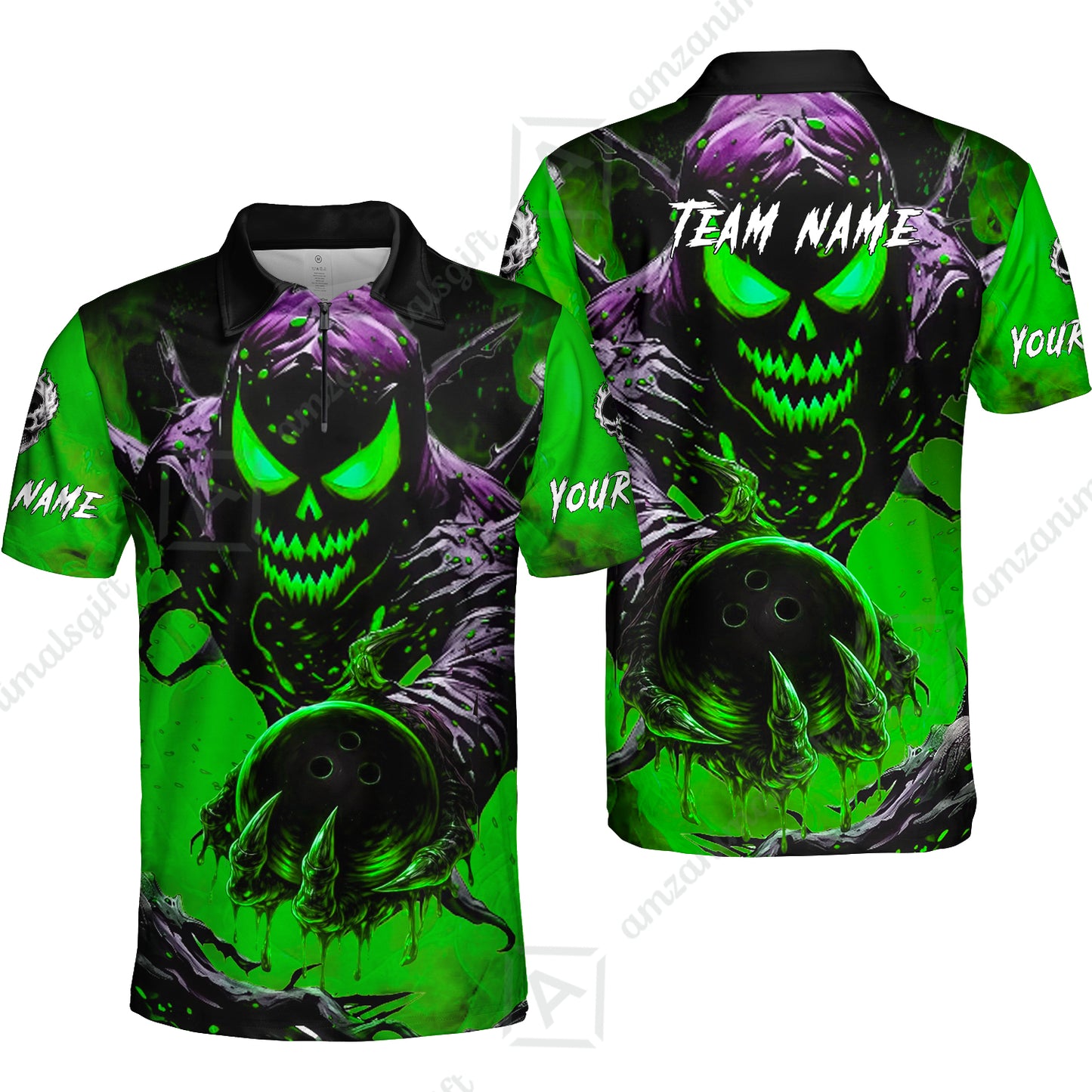 Custom Bowling Team Flat Neck Zip Jersey Shirt, Devil’s Strike Devil’s Strike Power Bowling Edition, Personalized Team Shirt with Custom Name