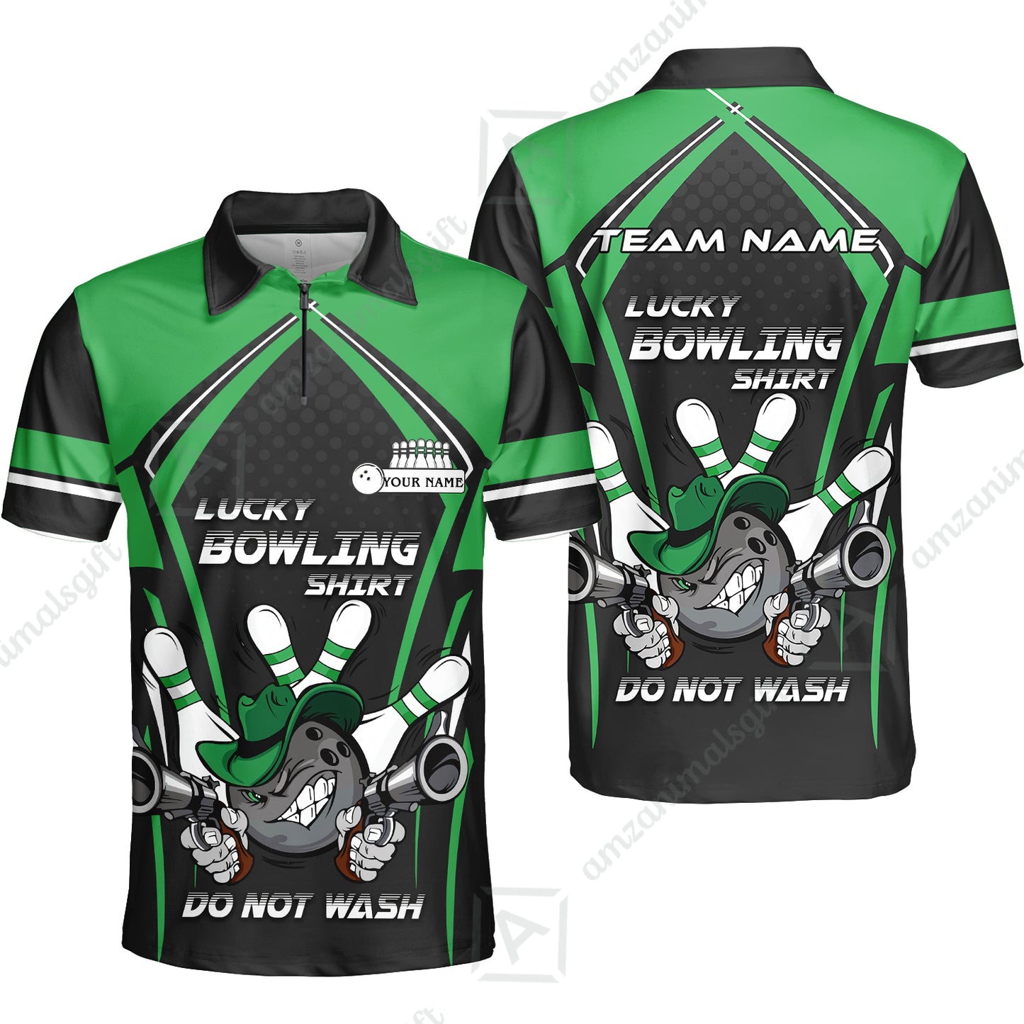 Customized Bowling Quarter-Zip Polo Shirt, Lucky Bowling Shirt Do Not Wash Bowling Ball Aiming Guns, Personalized Name Polo Shirt