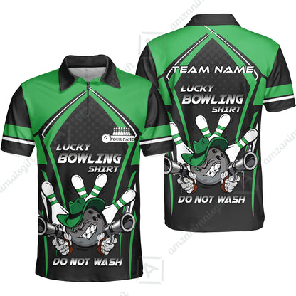 Customized Bowling Quarter-Zip Polo Shirt, Lucky Bowling Shirt Do Not Wash Bowling Ball Aiming Guns, Personalized Name Polo Shirt