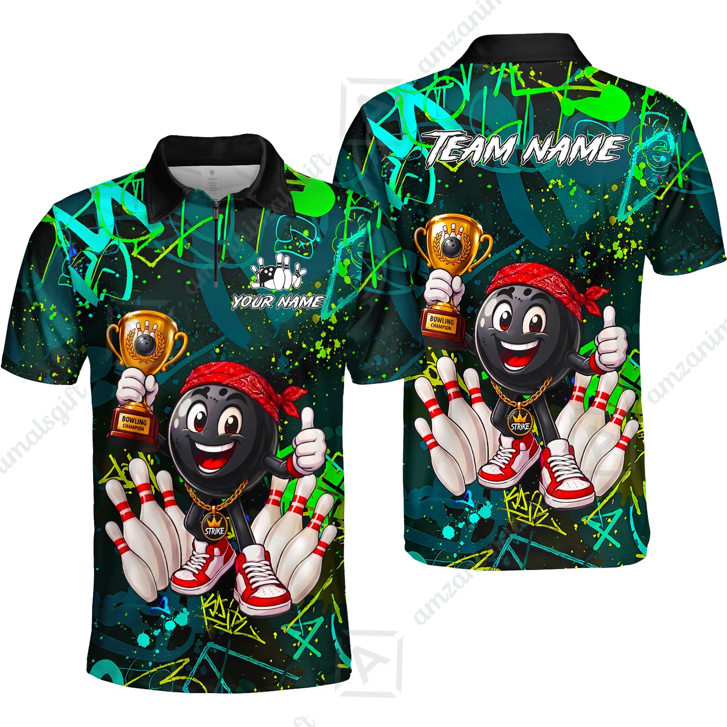 Custom Bowling Jersey Polo Shirt, Graffiti Champion, Custom Bowling Jersey Team Shirt For Players With Name & Team Name