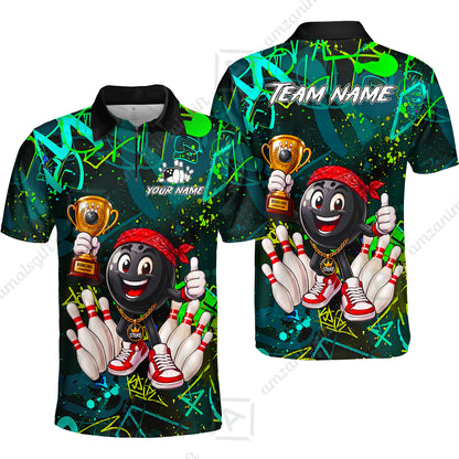Custom Bowling Jersey Polo Shirt, Graffiti Champion, Custom Bowling Jersey Team Shirt For Players With Name & Team Name