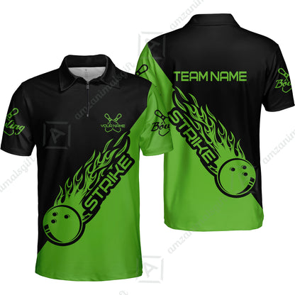Bowling Customized Jersey Black Green Shirt Strike Ball Bowling Tenpin Quarter Zip Shirt For Bowlers, Bowling Team