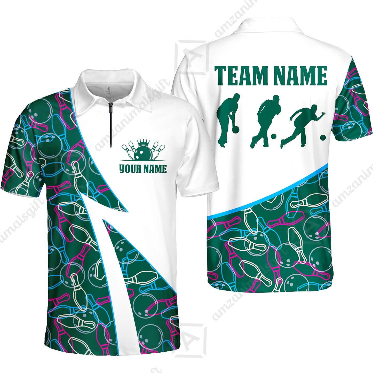 Custom Bowling Team Bowling Jersey, Neon Pattern Bowling Jersey With Player Silhouettes Multicolor Polo Quarter-Zip Shirts, Custom Bowling Uniforms Jerseys