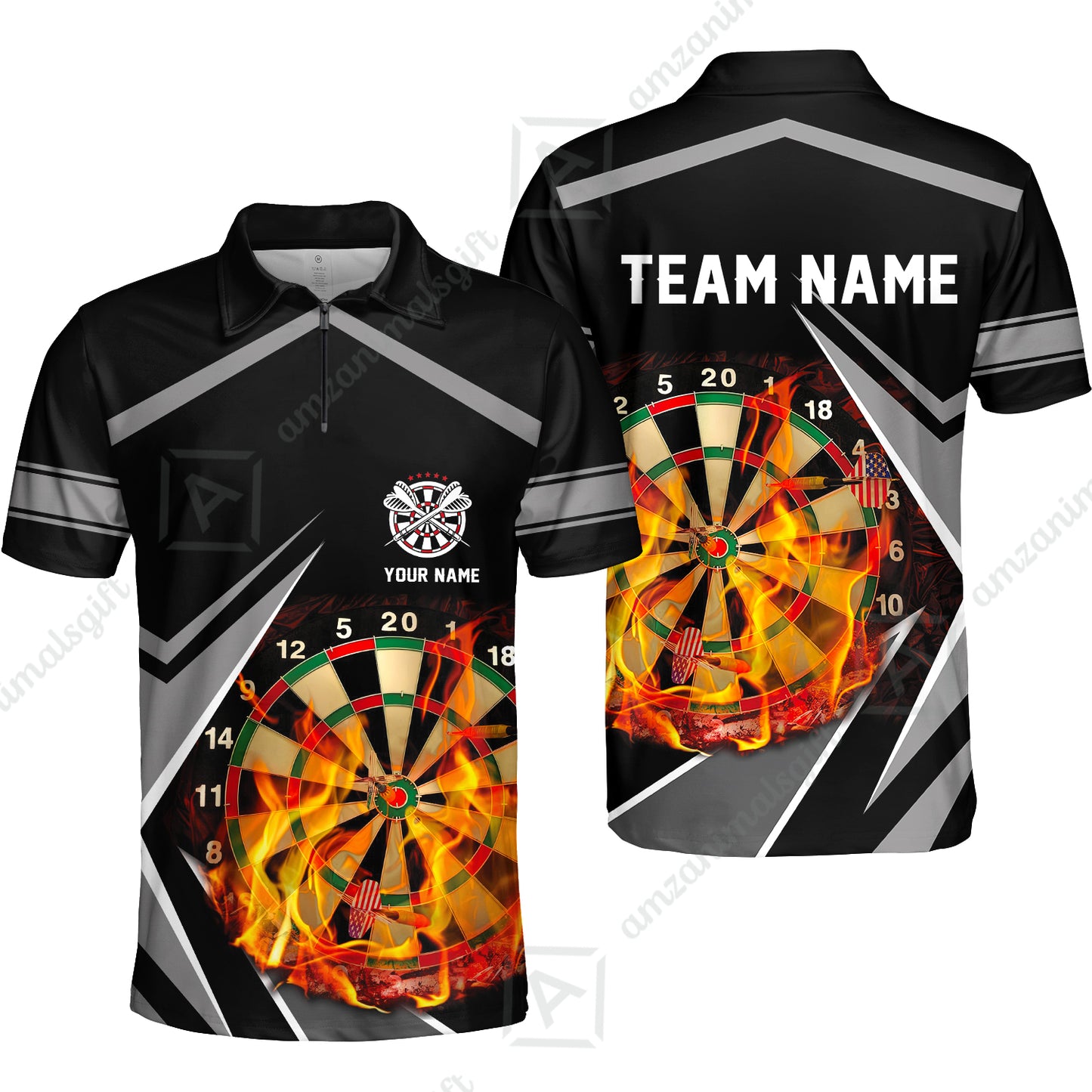 Customized Darts Team Quarter-Zip Polo Shirt, Dartboard In Flame Polo Shirt Personalized Name And Team Name For Darts League