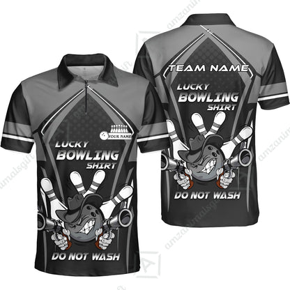 Customized Bowling Quarter-Zip Polo Shirt, Lucky Bowling Shirt Do Not Wash Bowling Ball Aiming Guns, Personalized Name Polo Shirt