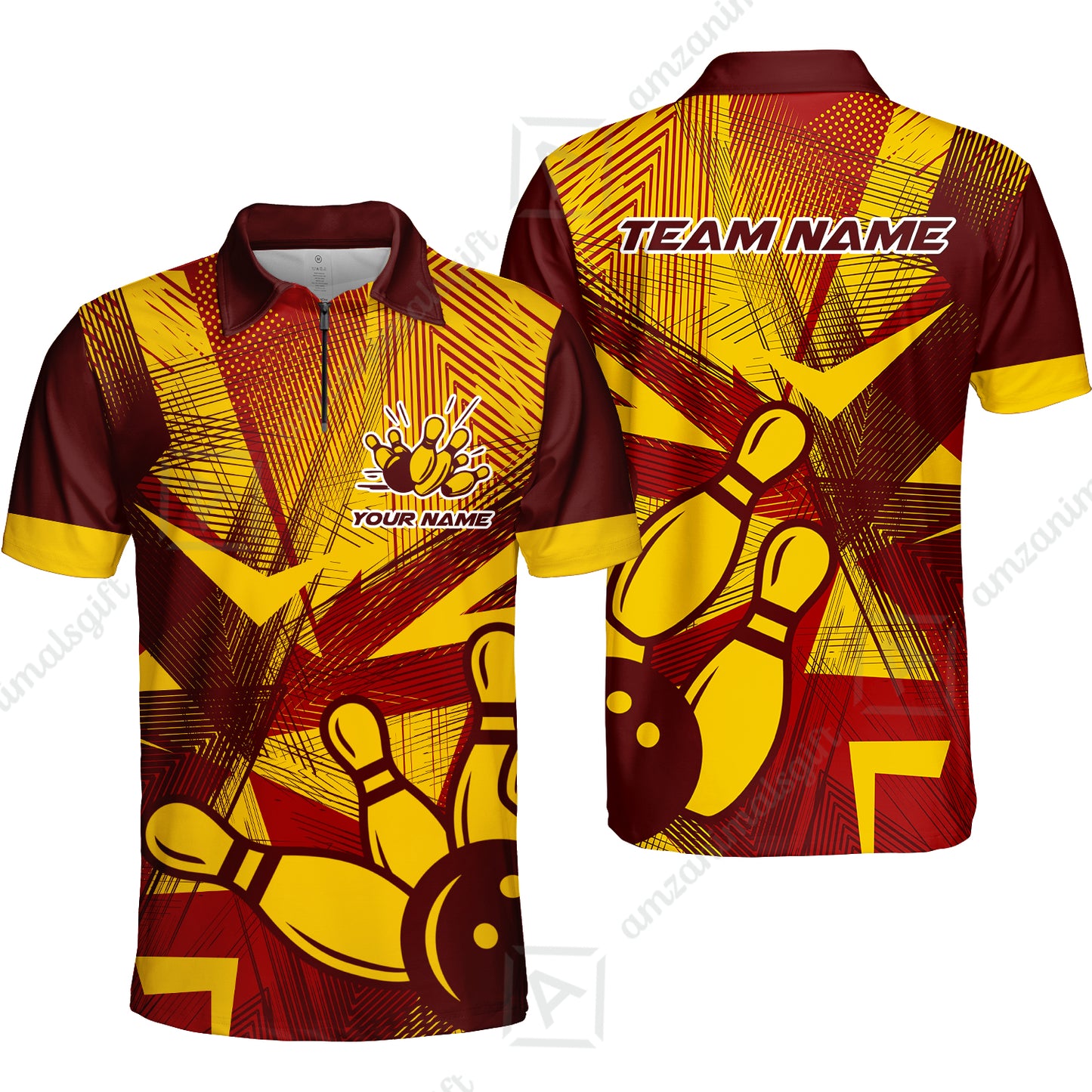 Customized Bowling Quarter-Zip Polo Shirt, Bowling Ball And Pins Esports Pattern Zip Polo Shirt Uniform For Bowlers
