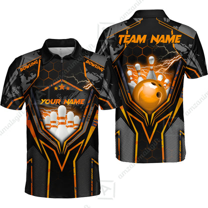 Customized Bowling Jersey, Bowling And Pins Abstract Grunge Texture X Multicolor Option Customized Name And Team Name Zipper Polo Jerseys Shirts