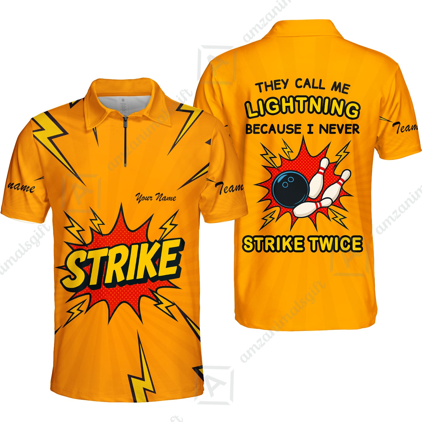 Customized Bowling Quarter-Zip Polo Shirt, They Call Me Lightning Because I Never Strike Twice Comic Style Zip Polo Shirt