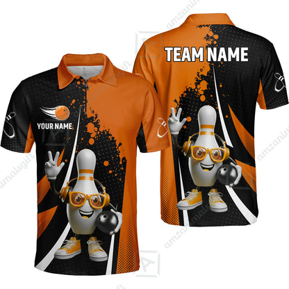 Customized Bowling Unisex Polo Shirt, Halftone Bowling Pin Wearing Headphones Sunglasses, Personalized Name And Team Name