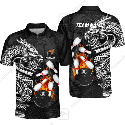 Custom Bowling Team Jerseys Polo Shirts, Bowling uniforms Bowling & Pins Dragon Flame Fire Multicolor Options Personalized Name And Team Name