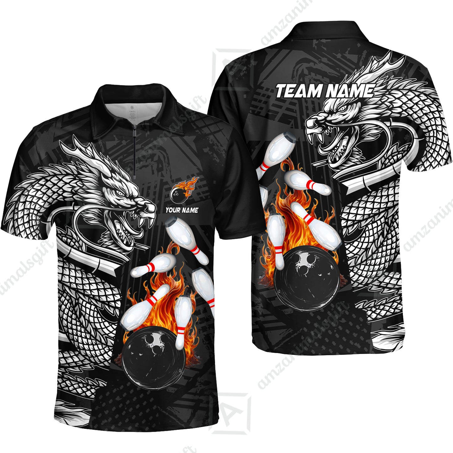 Custom Bowling Team Jerseys Polo Shirts, Bowling uniforms Bowling & Pins Dragon Flame Fire Multicolor Options Personalized Name And Team Name