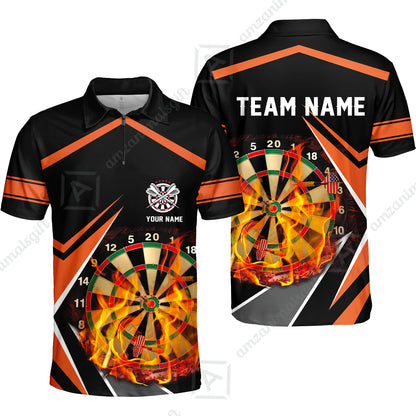 Customized Darts Team Quarter-Zip Polo Shirt, Dartboard In Flame Polo Shirt Personalized Name And Team Name For Darts League