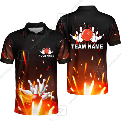 Custom Bowling Team Jerseys Polo Shirts, Bowling uniforms Flame Bowling Ball And Pins Short Sleeve Polo For Men Women Bowlers