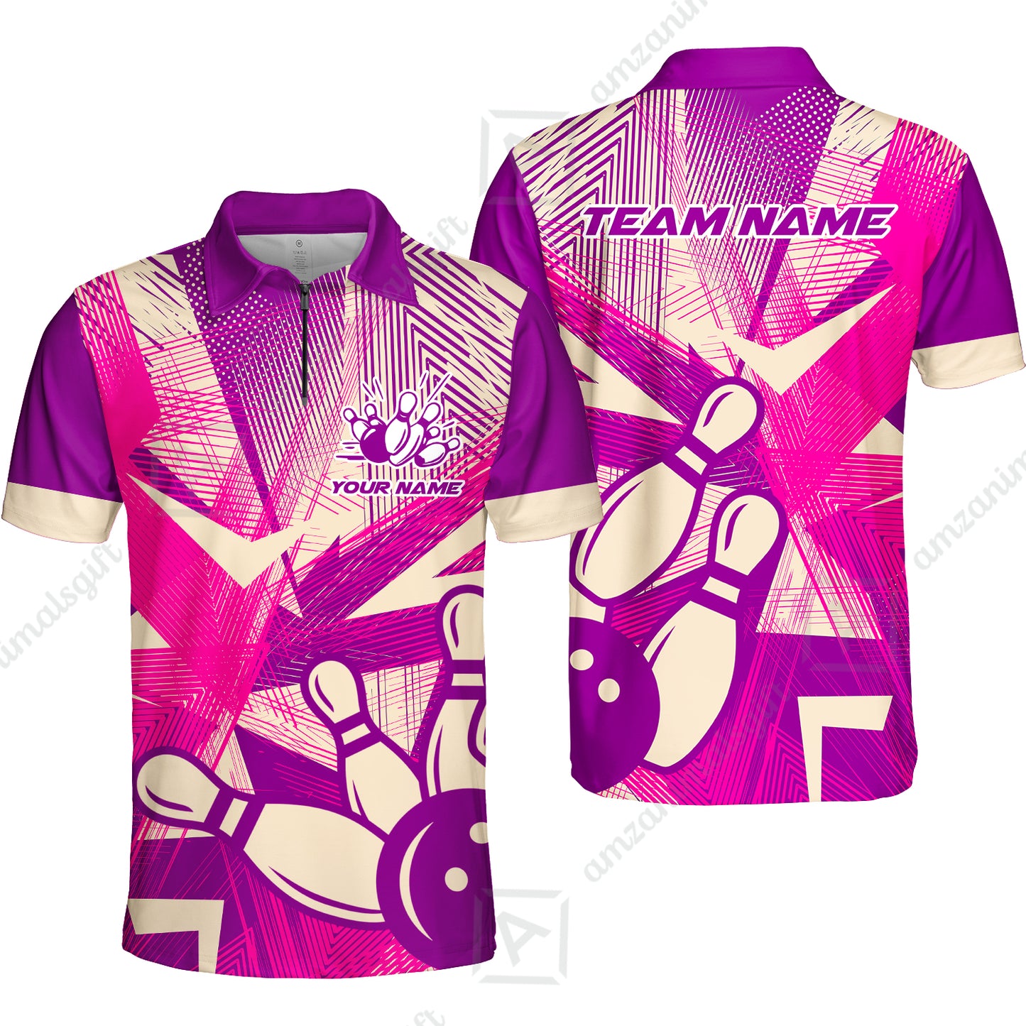Customized Bowling Quarter-Zip Polo Shirt, Bowling Ball And Pins Esports Pattern Zip Polo Shirt Uniform For Bowlers