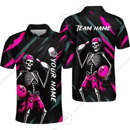 Customized Bowling Shirt, Bad Boy Skeleton Bowler, Personalized Polo Shirt For Players With Name & Team Name