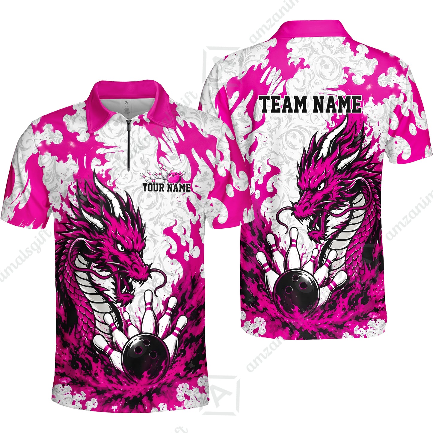 Custom Bowling Jersey Polo Shirt, Fierce Crimson Fire Dragon Strike, Custom Bowling Jersey Team Shirt For Players With Name and Team Name