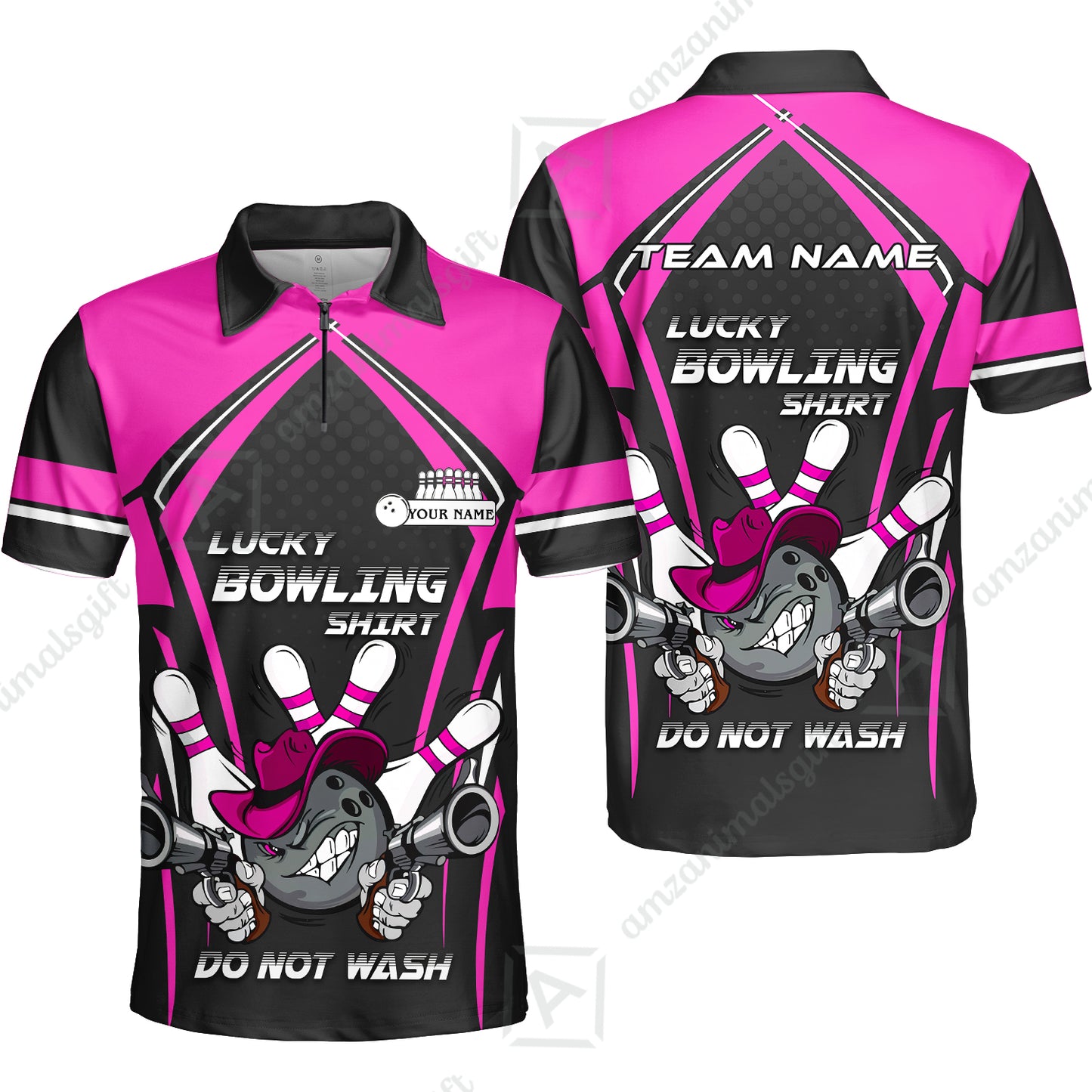 Customized Bowling Quarter-Zip Polo Shirt, Lucky Bowling Shirt Do Not Wash Bowling Ball Aiming Guns, Personalized Name Polo Shirt