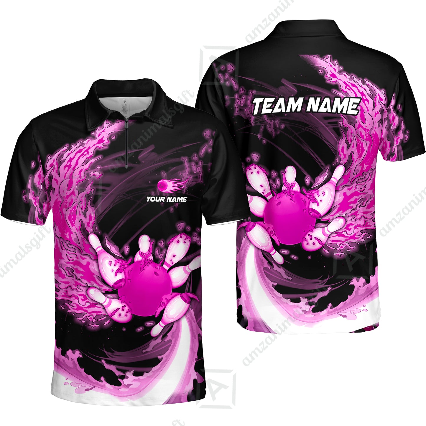 Personalized Bowling Team Quarter-Zip Polo Shirt Breath Of Flaming Bowling Ball & Pins Custom Name And Team Name For Bowlers