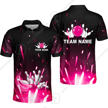 Custom Bowling Team Jerseys Polo Shirts, Bowling uniforms Flame Bowling Ball And Pins Short Sleeve Polo For Men Women Bowlers