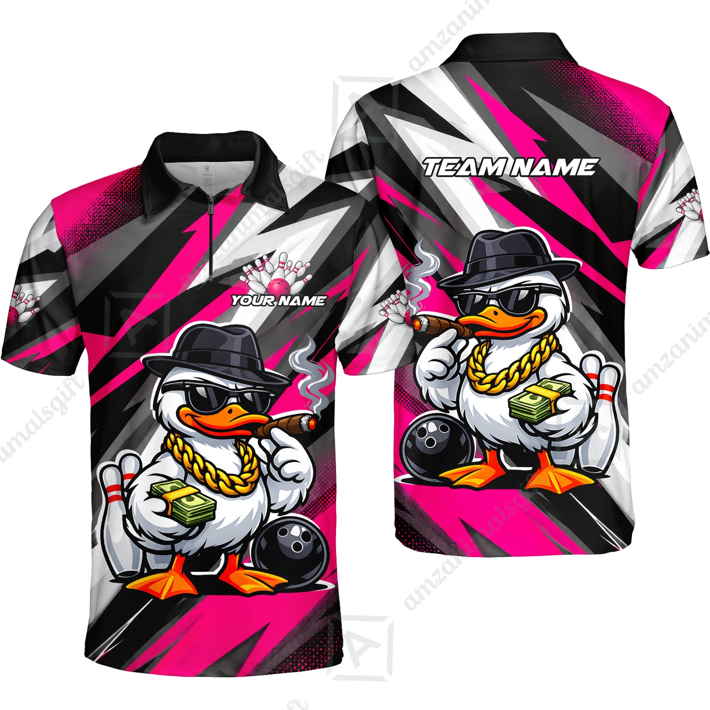 Custom Bowling Jersey Polo Shirt, Boss Hustle Duck Gangster Style, Custom Bowling Jersey Team Shirt For Players With Name and Team Name