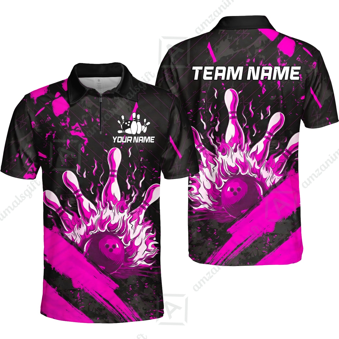 Customized Bowling Unisex Polo Shirt, Bowling And Pins Grunge Flame, Bowling Uniform - Personalized Name And Team Name