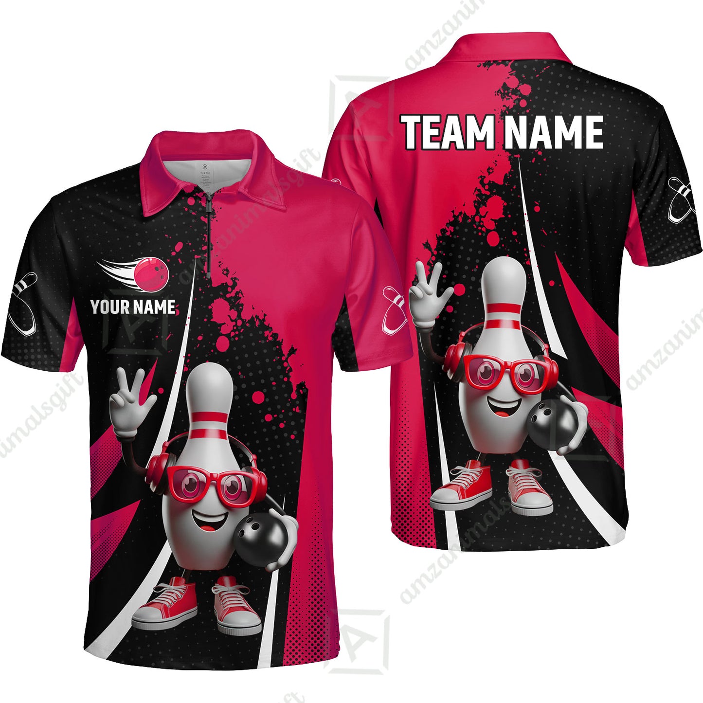 Customized Bowling Unisex Polo Shirt, Halftone Bowling Pin Wearing Headphones Sunglasses, Personalized Name And Team Name